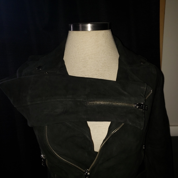 Lucky Brand Dark Green 100% Leather Suede Texture Moto Jacket Small Imperfection - Picture 7 of 10